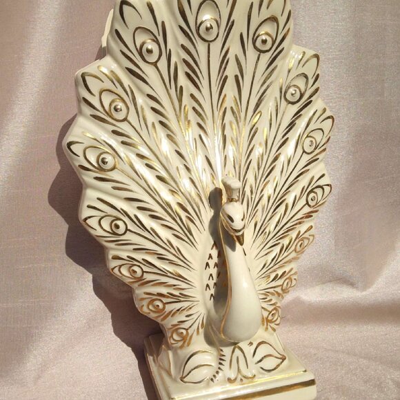 Stunning 24K Gold Gilded LusterGlazed Porcelain Hollywood Regency Peacock Vase - Picture 5 of 12